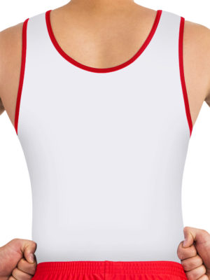 ERVY Herrentrikot ärmellos mit geschwungenem Printdesign in den Farben blau, rot, weiß
