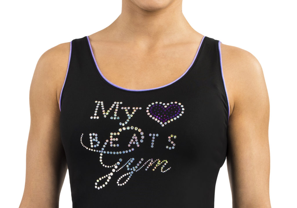 black tank top with violet details and sequins on front