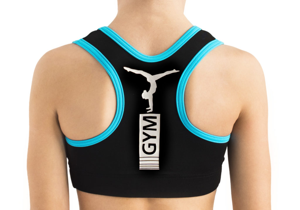 schwarzes Crop Top mit blauen Akzenten und silbernem elastischen Transferdruck auf dem Rücken vom deutschen Hersteller ERVY