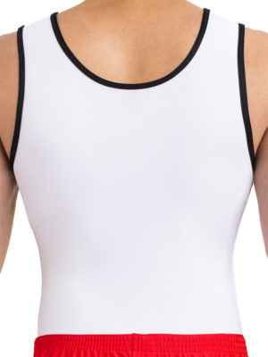 ERVY Trikot für Kunstturnen, ohne Arme , in weiß mit Motiv in Schwarz, rot und gelb