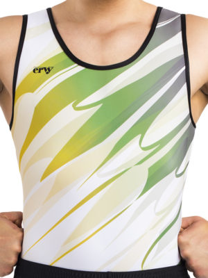 Turntrikot für Jungen, ärmellos, in weiß mit Print in grau, grün und gelb vorne