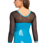 Turnanzug, 3/4 Arm, glänzend blau, Tüllarme, Strassmotiv