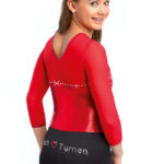 Turnanzug, 3/4 Arm, glänzend rot, einfarbig, Strasssteine