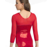 Turnanzug, 3/4 Arm, glänzend rot, einfarbig, Strasssteine