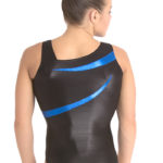 Turnanzug, ohne Arm, glänzend blau, glänzend schwarz, asymmetrischer Halsausschnitt