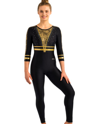 ERVY Langer Ganzanzug in gold-schwarz, Tülleinsatz mit floralem Muster, 3/4 Arm und Strass vorne