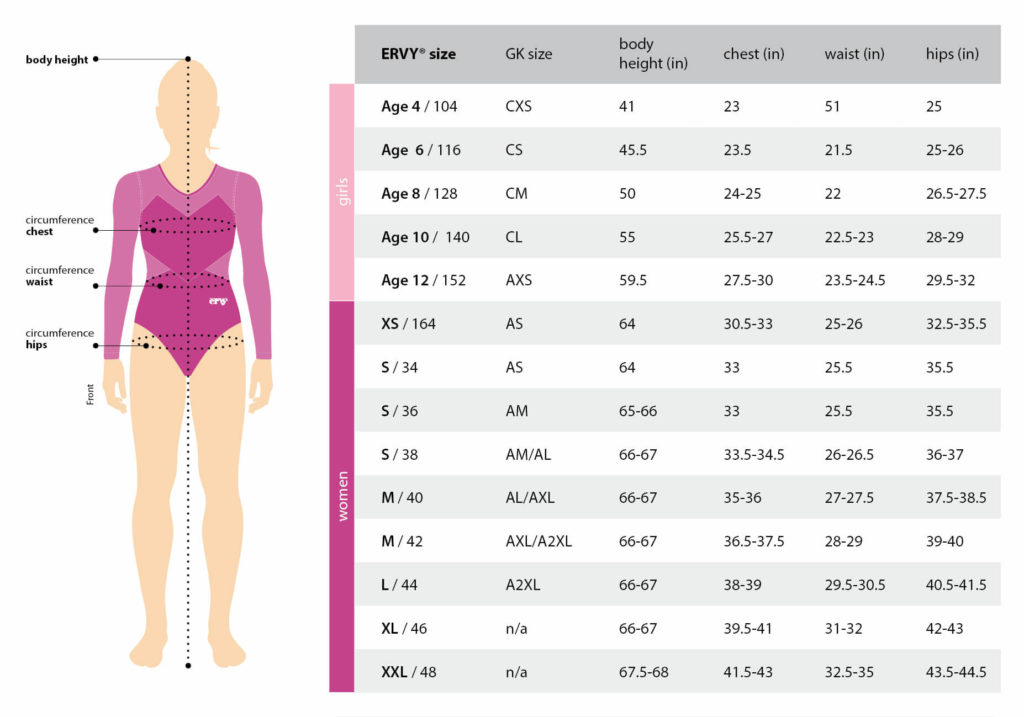 girls's and women's measurements for leotards