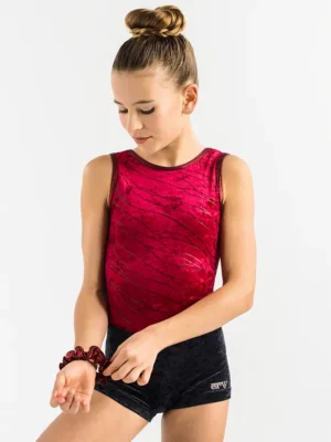 Velvety glitter gymnastics set with gymnastics leotard, hipster shorts & scrunchie